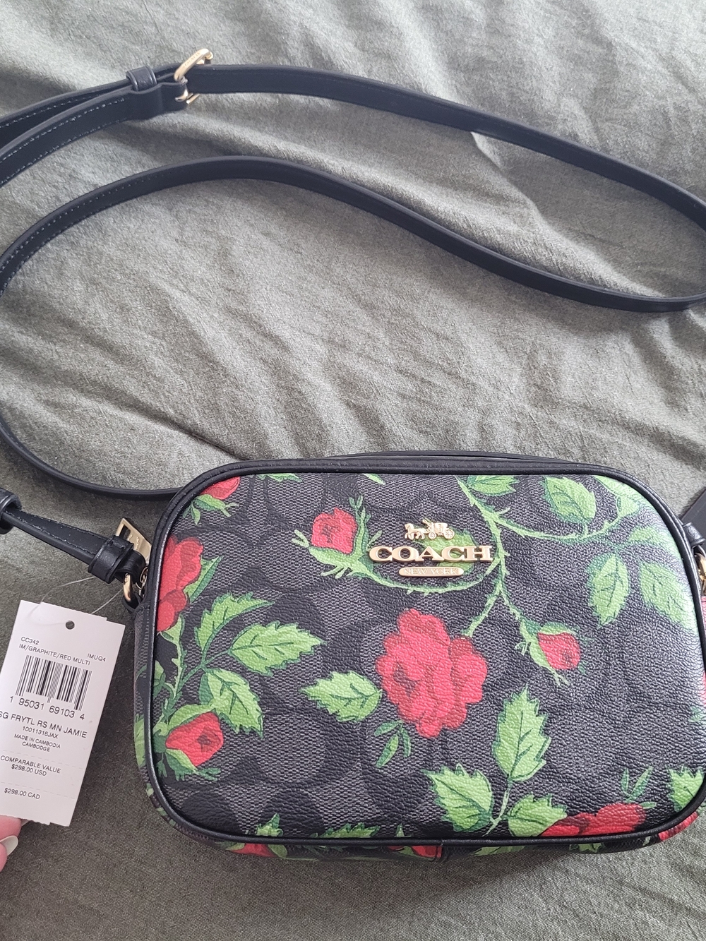 Coach Black Crossbody Bag with Red and Green Floral Print